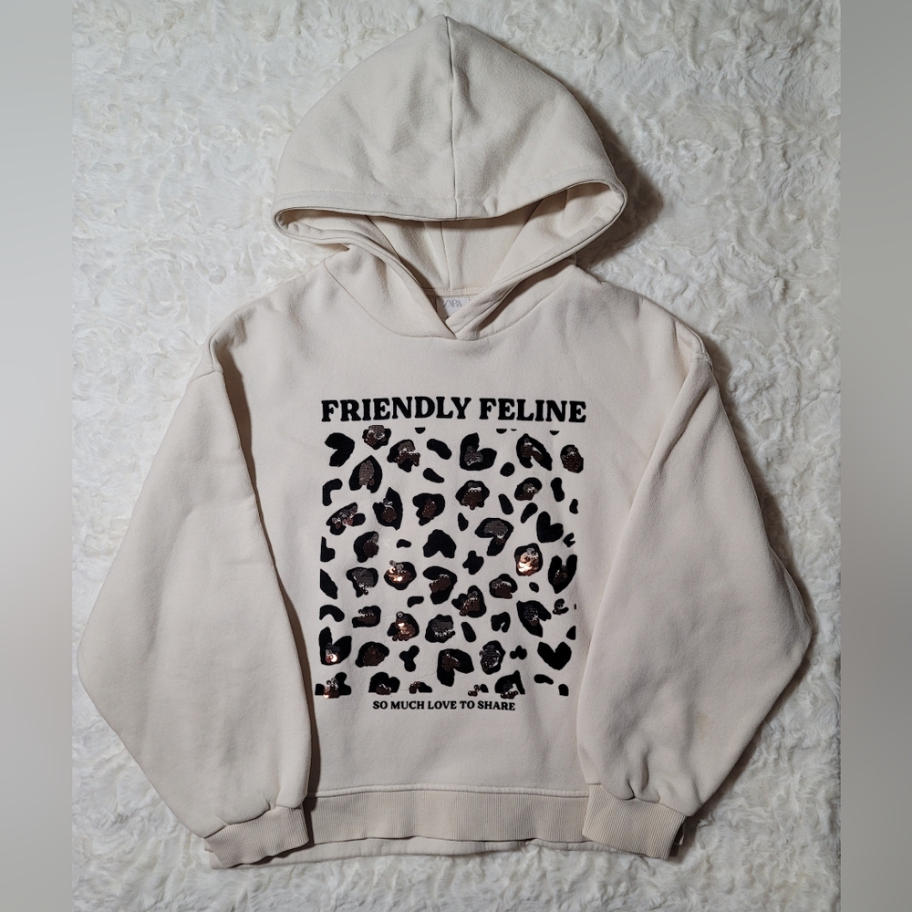 Zara Girl Leopard Cream Hoodie Sweater Size 13-14